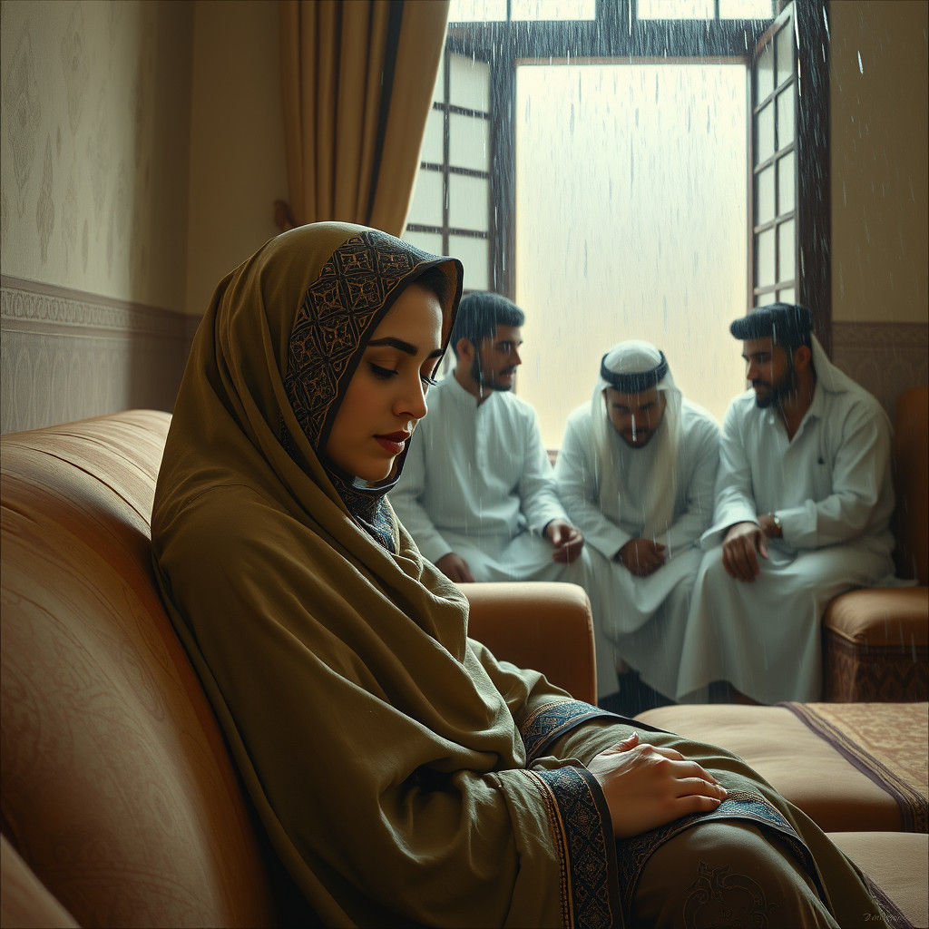 Contemplative Arab Woman in Rainy Setting