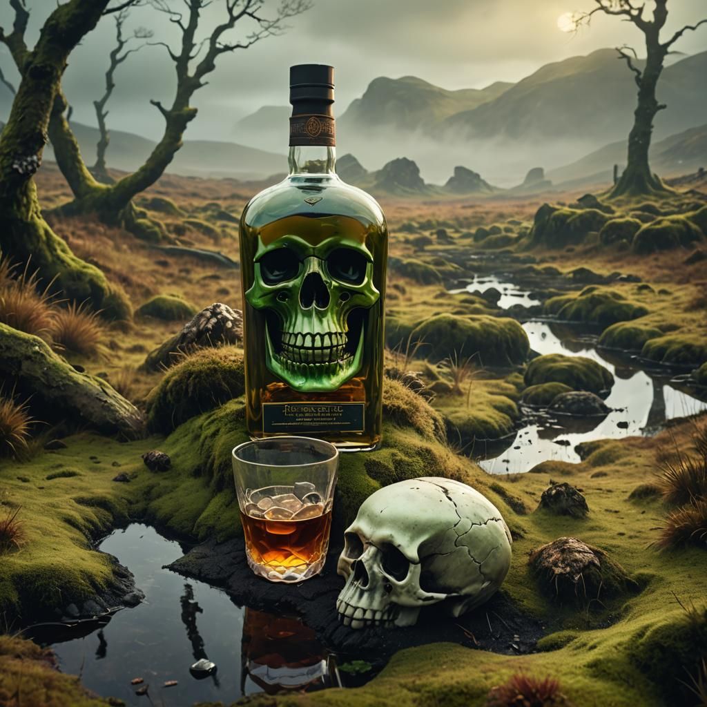 Whiskey Skull Glass in Misty Scottish Landscape