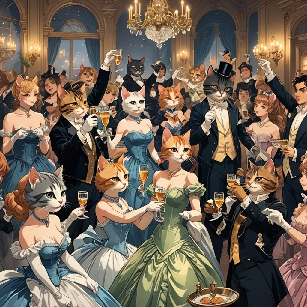 Cats at 1880s Party in Anime Style