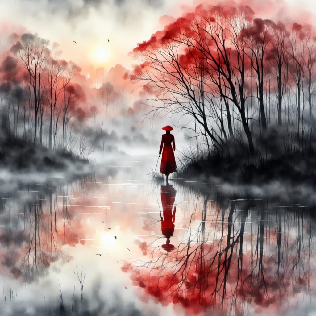 Lady in Red Walking Across Misty Lake Dreamscape