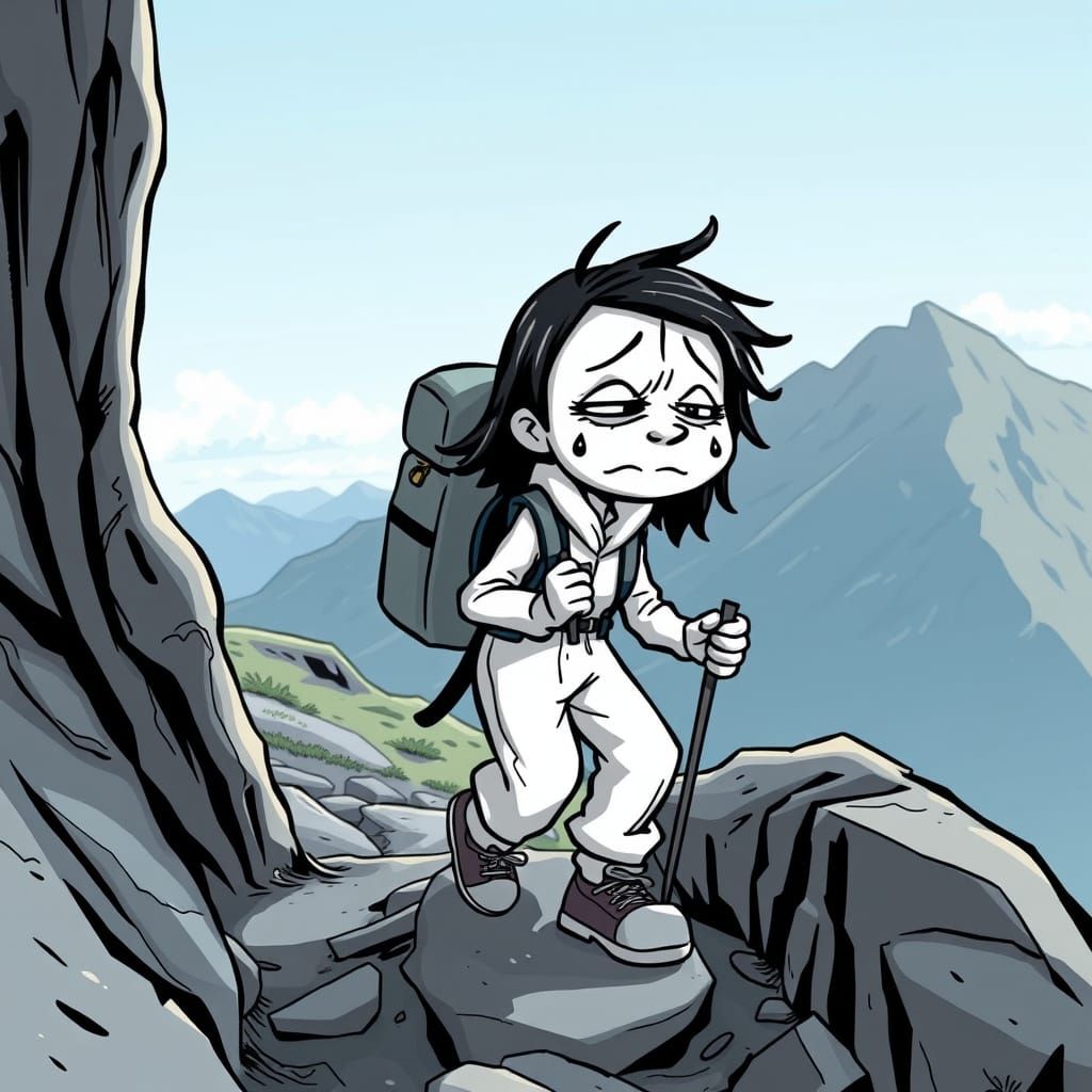 Cartoonish Woman Ascends Sharp Mountain in Exhaustion