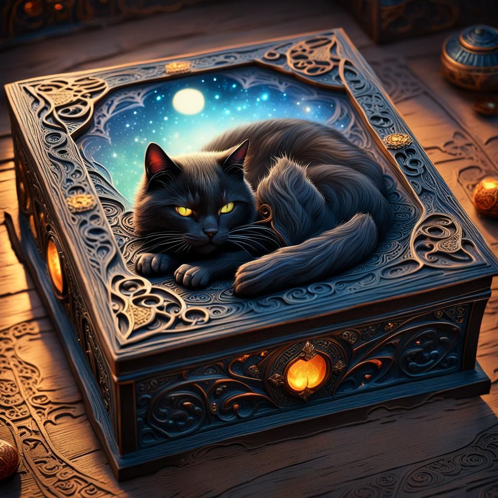 Black Cat Sleeping in Ornate Runed Box