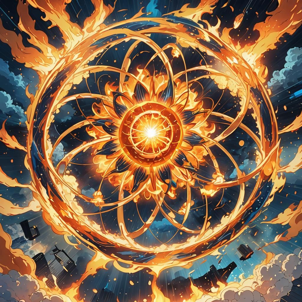 Blazing Atomic Anime Art with Swirling Electrons