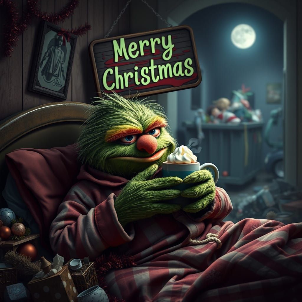 Grimy Christmas Oscar the Grouch Scene in Cyberpunk Style