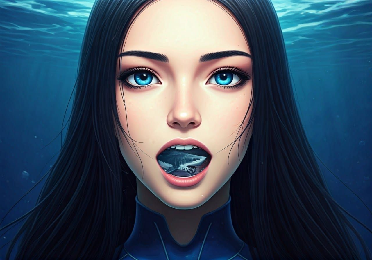 Giant Woman Swallows Tiny Great White Shark in Underwater Sc...