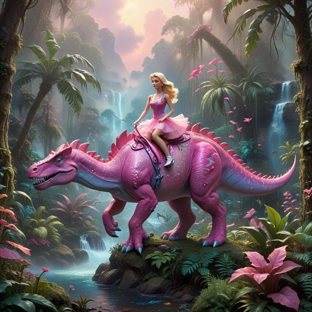Barbie Rides a Pink Dinosaur in Fantasy Jungle