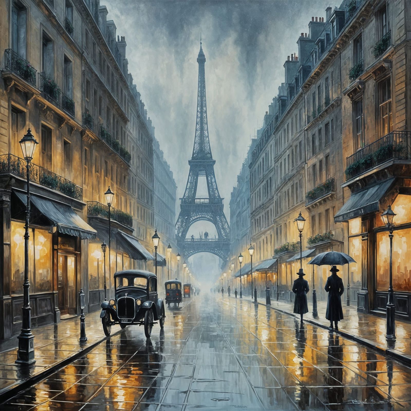 Misty Gaslit City Street Nocturne in Monet Style
