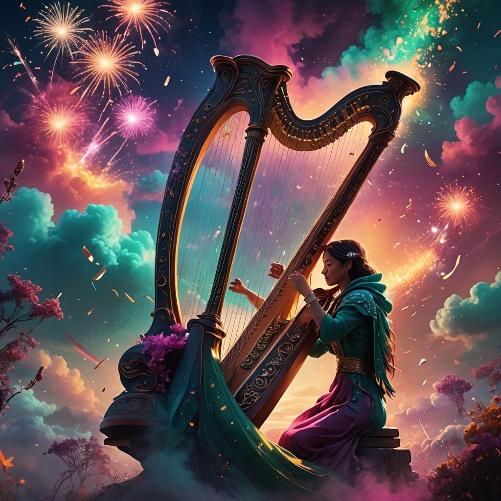 Majestic Harpist in Sky of Fireworks: Fantasy Art
