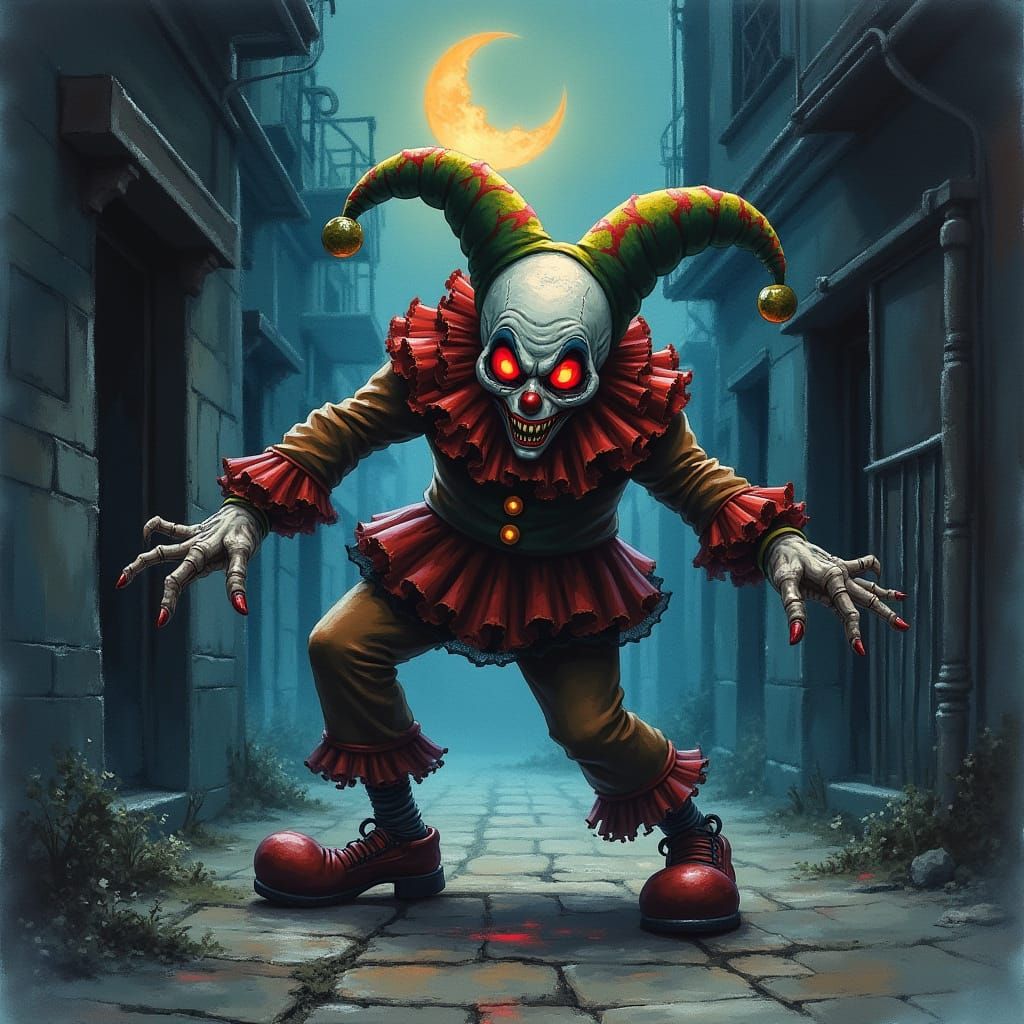Vintage-Style Zombie Harlequin in a Haunting Alleyway