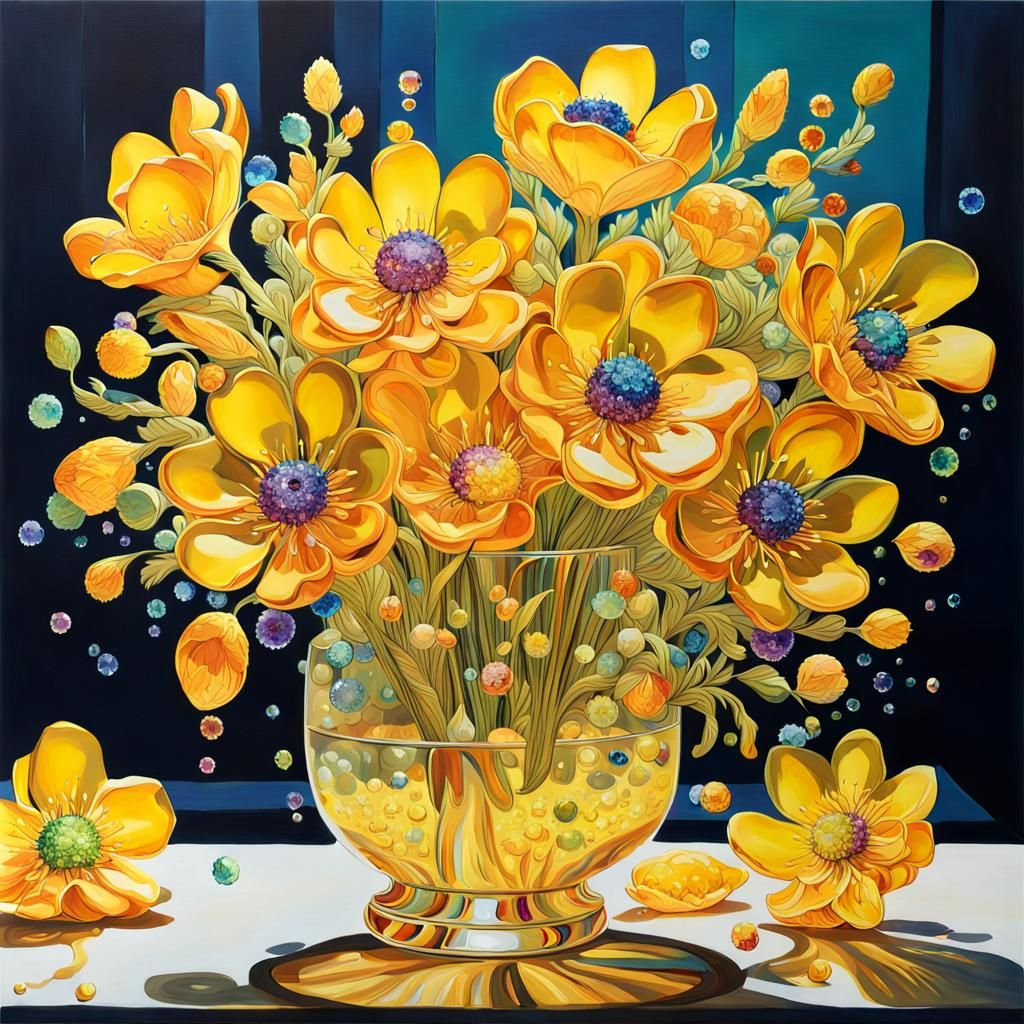 Yellow Crystal Flowers in Modern Glass Vase