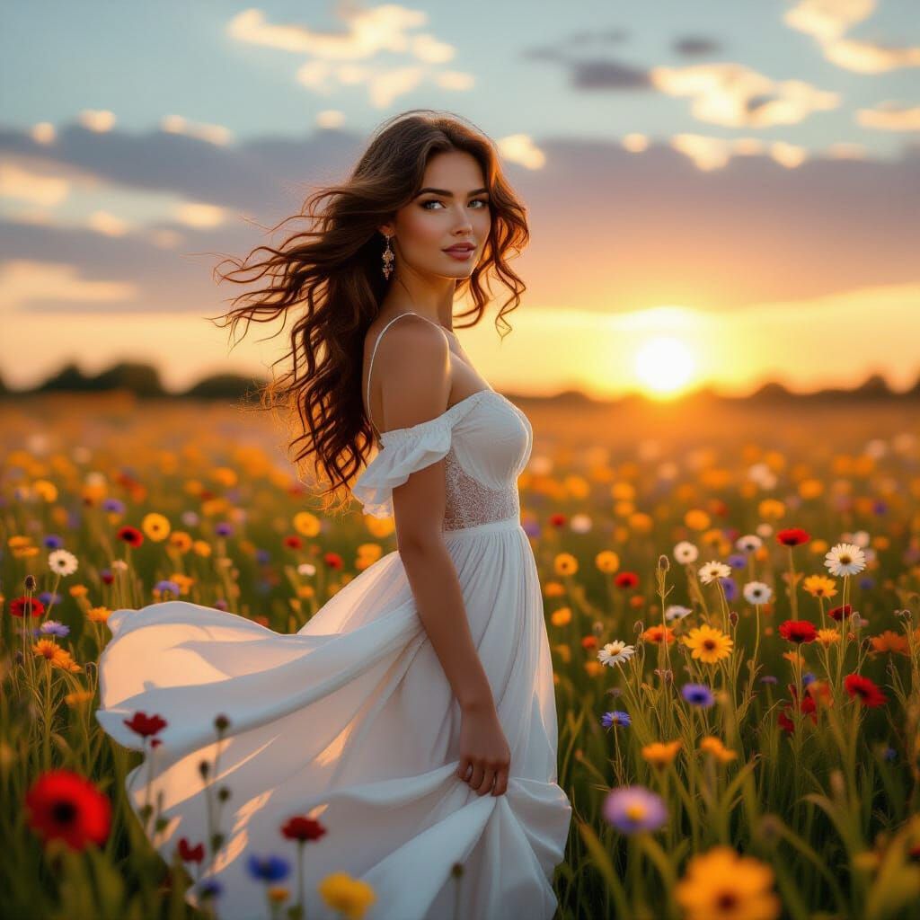 Woman in Wildflower Field at Sunset, Art Nouveau Style