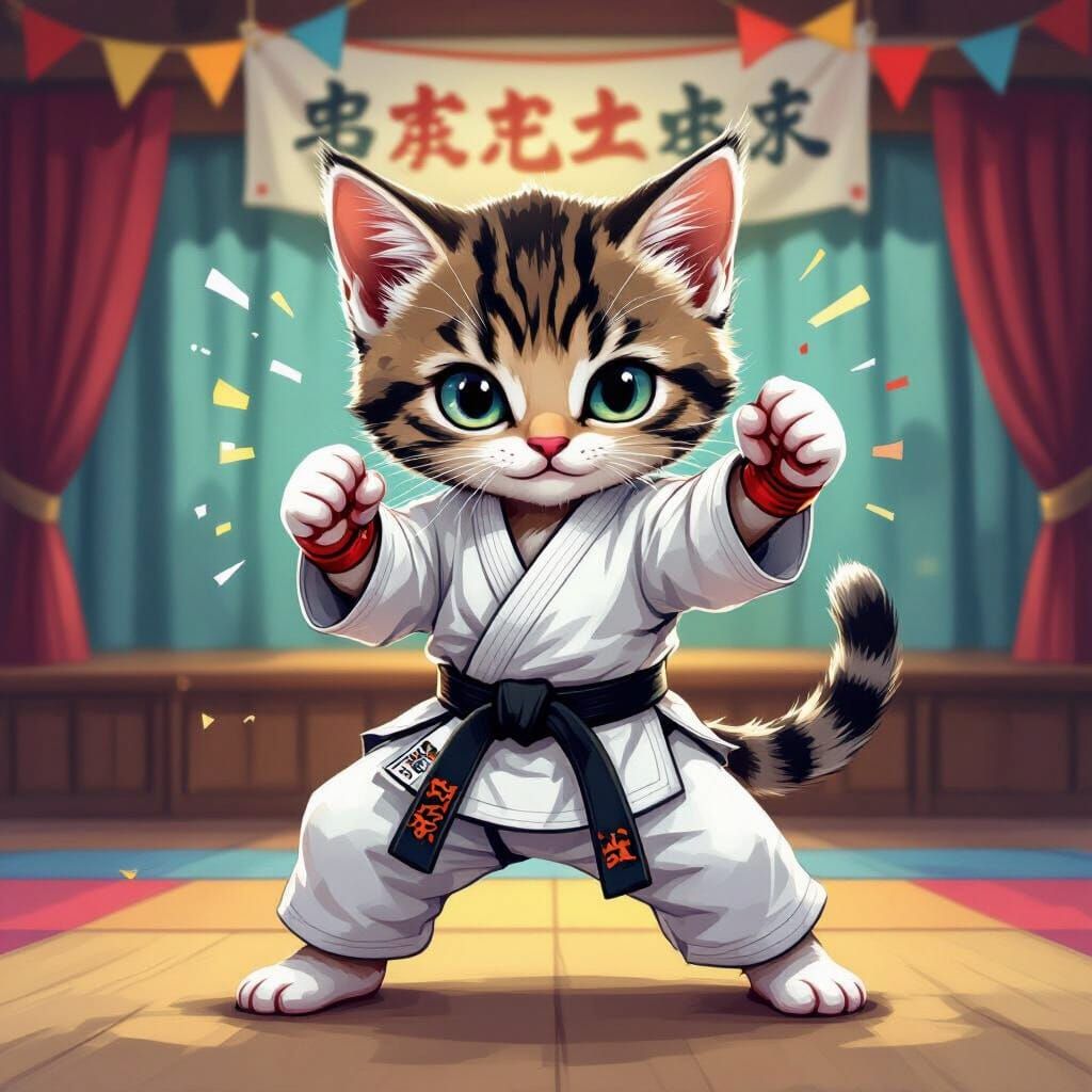Kitten Karate Tournament in Cartoon Style