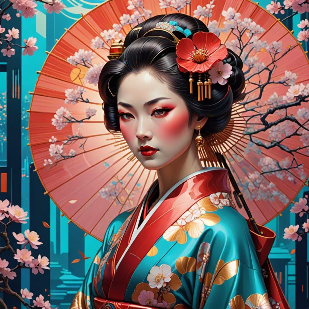 Surreal Geisha Portrait in Art Deco Style with Cherry Blosso...