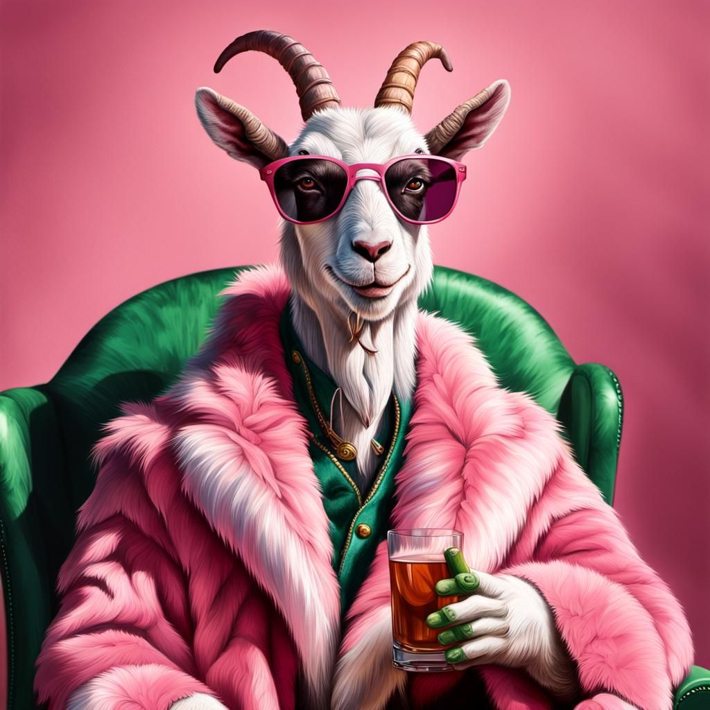 Glamorous Smiling Goat in Pink Fur Coat, Hyperrealistic Art