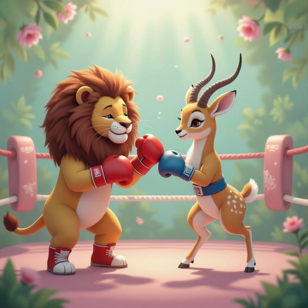 Cartoon Lion and Gazelle Boxing Match in Whimsical Setting