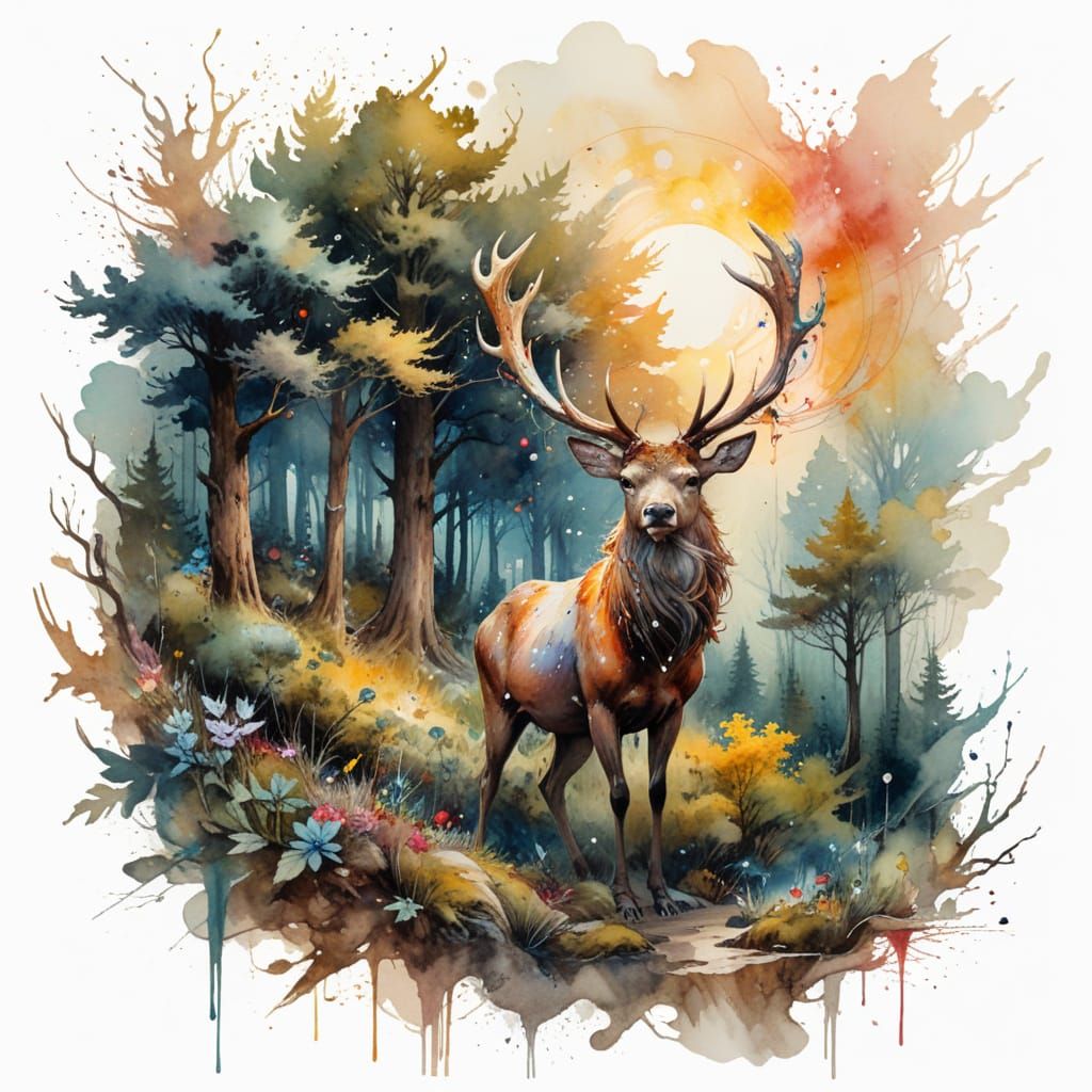Majestic Celestial Stag in a Starry Forest
