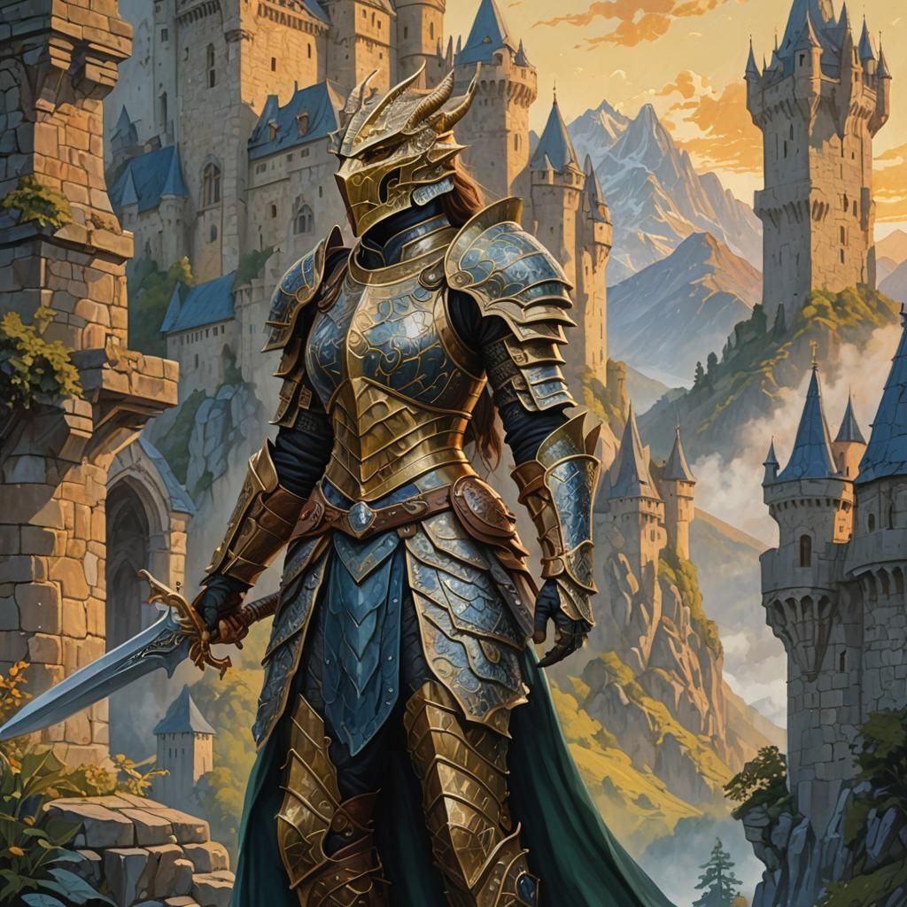 Dragonborn Paladin in Armor, Impressionist Gouache Style