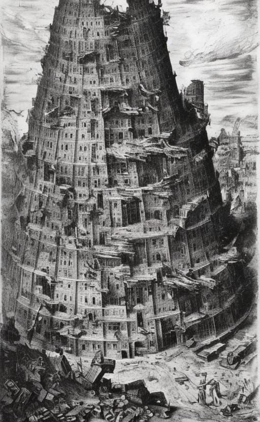 Tower of Babel Collapse: Hyperdetailed Colorful Scene