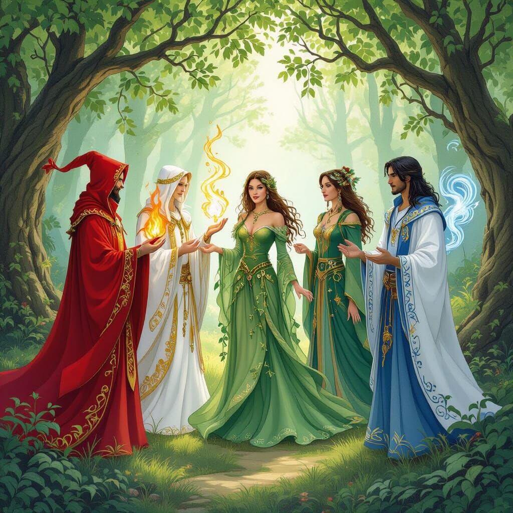 Elemental Mages in Enchanted Forest, Fantasy Art