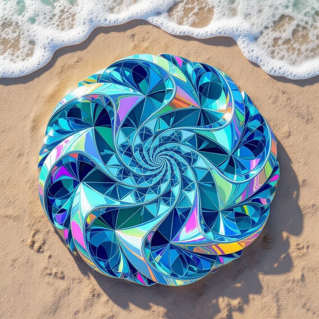 Sea Glass Mandala on Beach with Foamy Waves