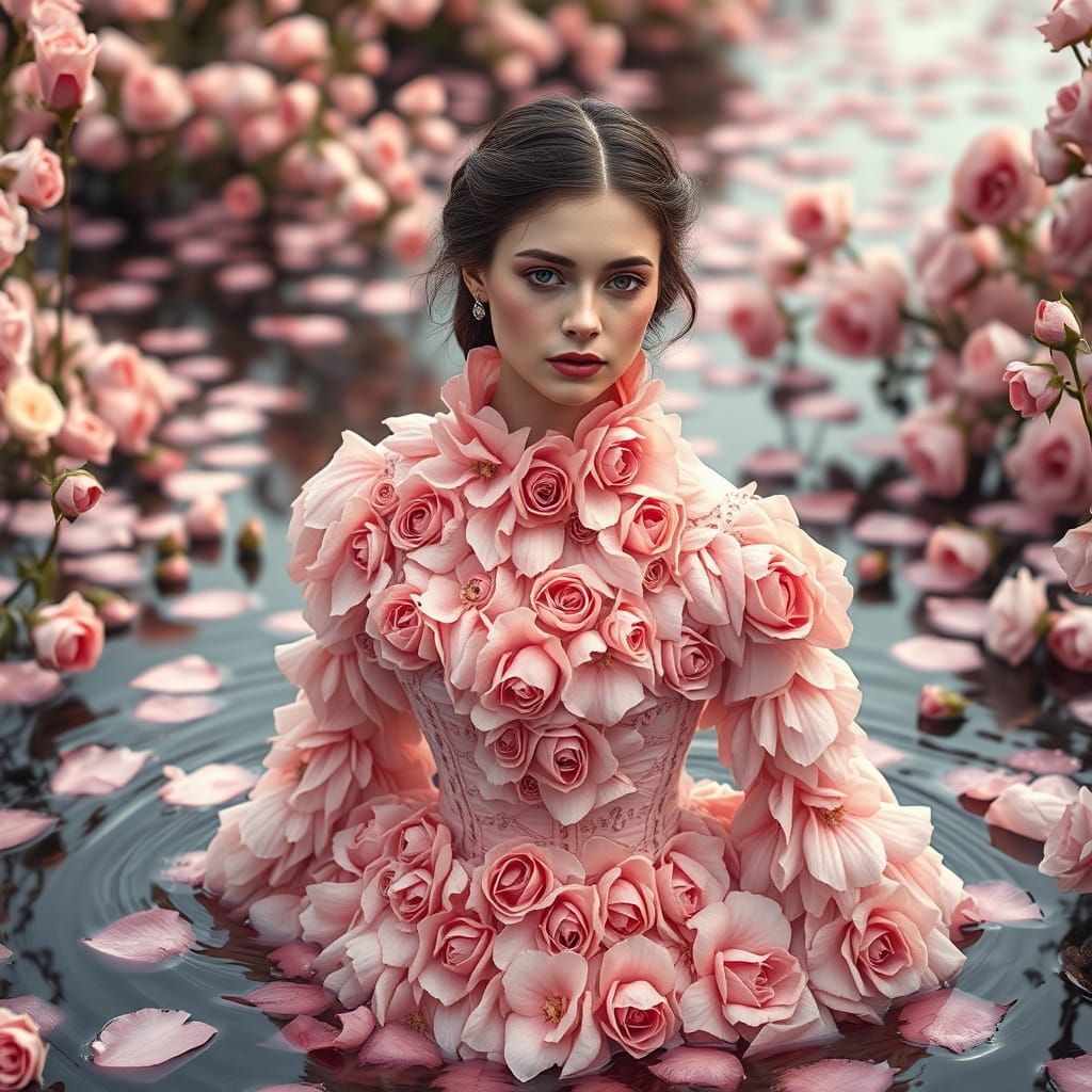 Woman in Rose Petal Gown Surrounded by Soft Bloom