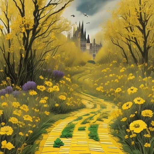 <lora:NoirExpress:1.0>Follow the (yellow brick road:3), which is beyond the red poppy fields 3