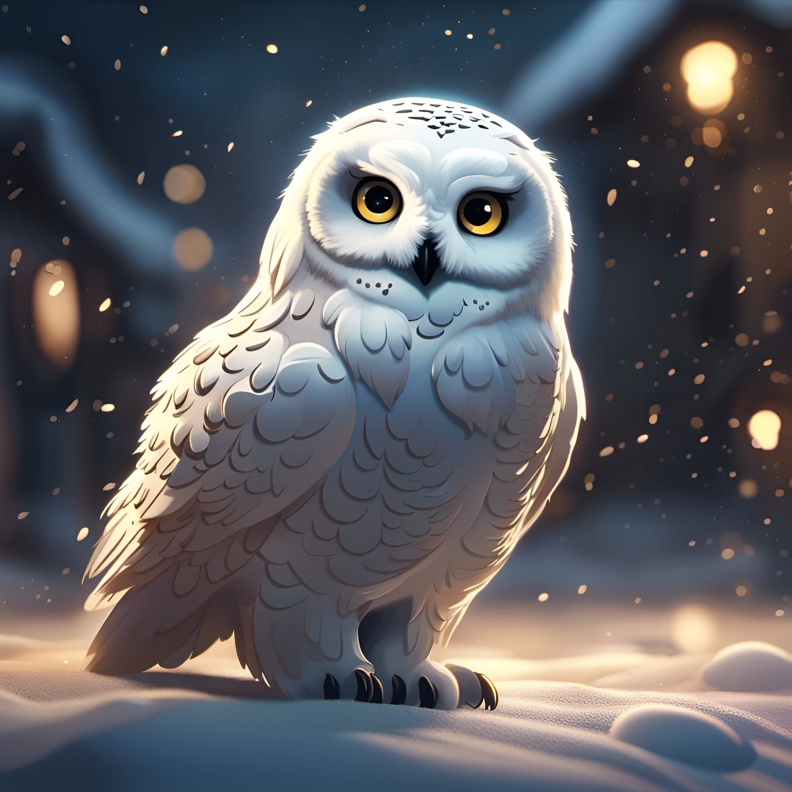 Adorable Snow Owl at Night in Digital Painting