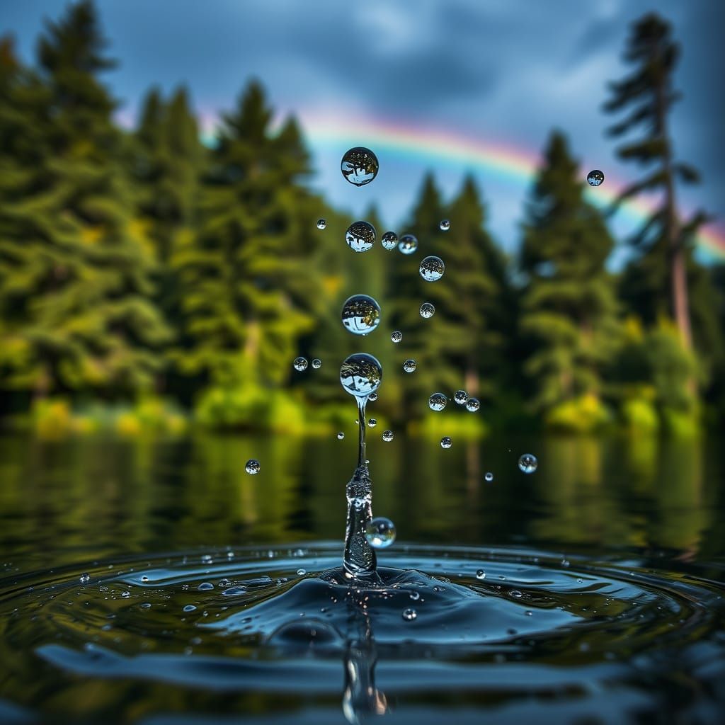 Hyperrealistic Lake Water Droplets with Rainbow