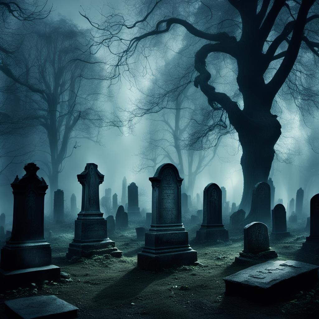 Ghosts Gliding Through Graveyard in Misty Scene