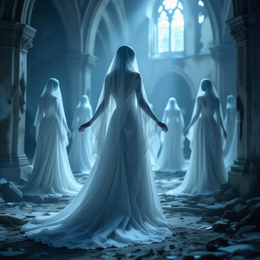 Ghostly Queen with Past Selves in Ruined Hall