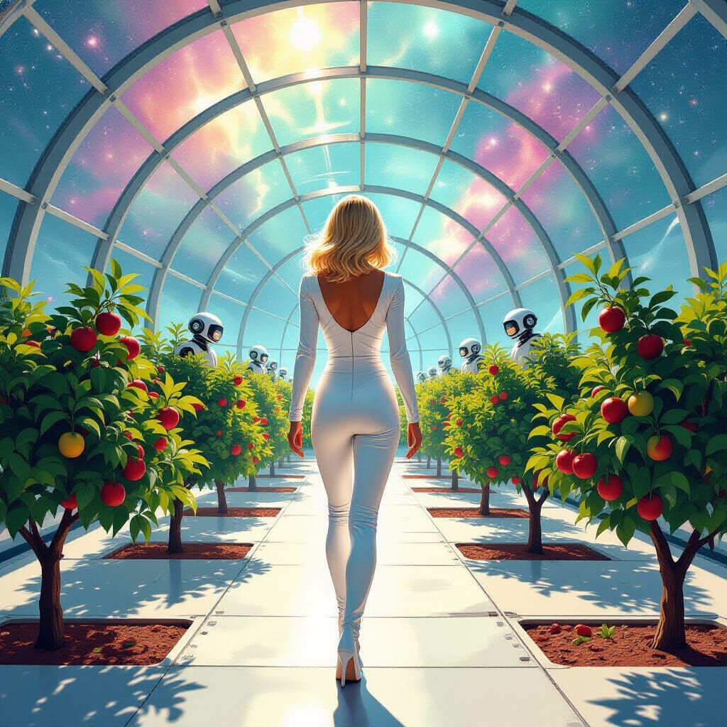 Woman Enters Futuristic Space Dome with Robot Harvesters