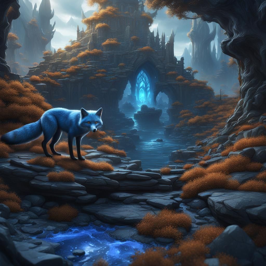 Fantastical Blue Fox in Detailed Digital Painting
