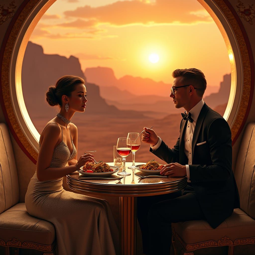 Martian Cafe: Art Deco Travellers Gaze at Red Mountains