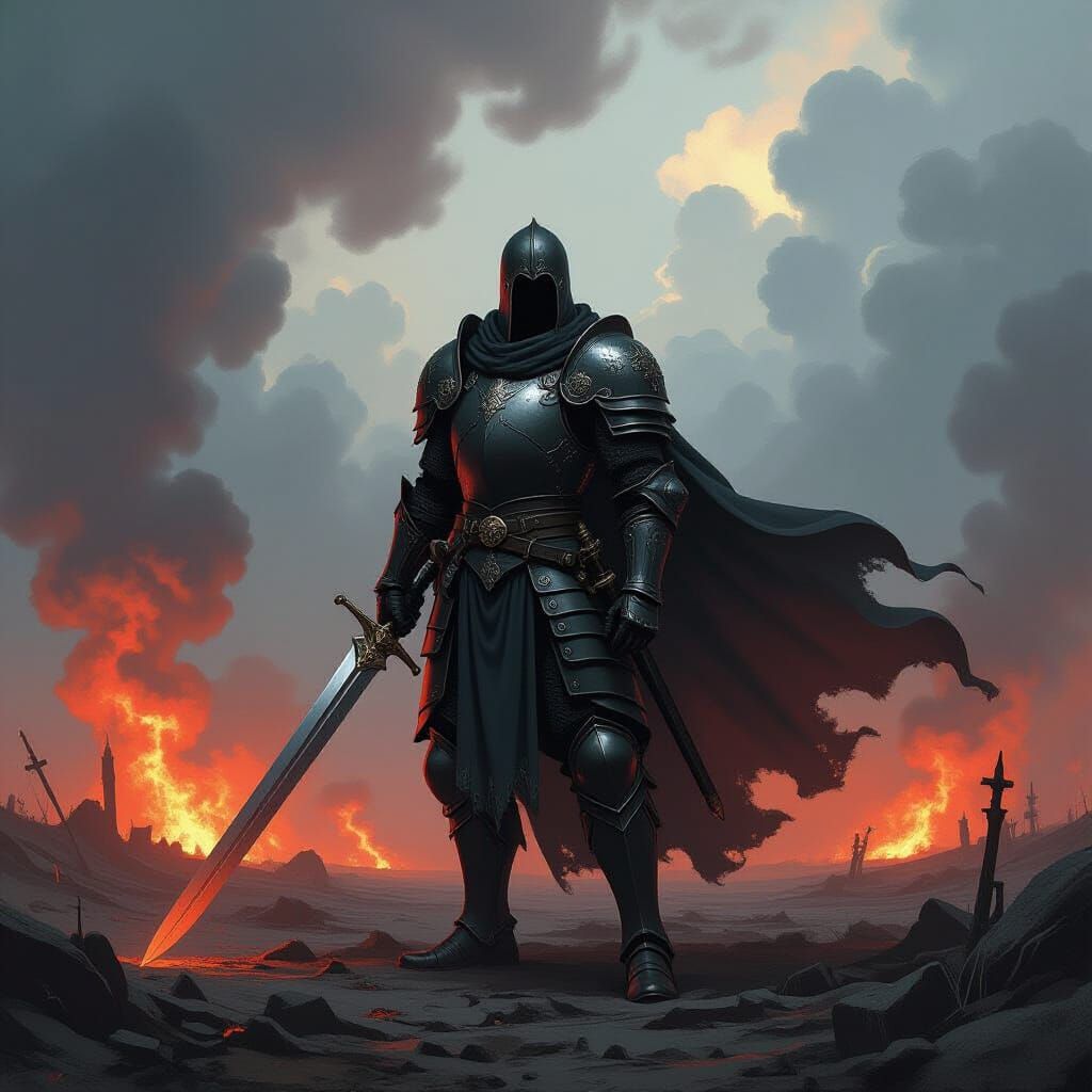 Knight in Fiery Wasteland Under Tempestuous Sky