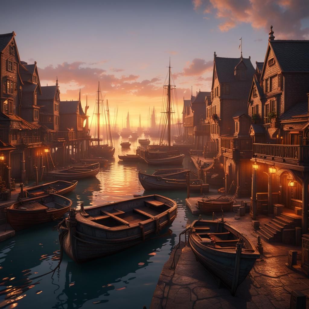 Sunset Harbor with Boats: Detailed Matte Painting