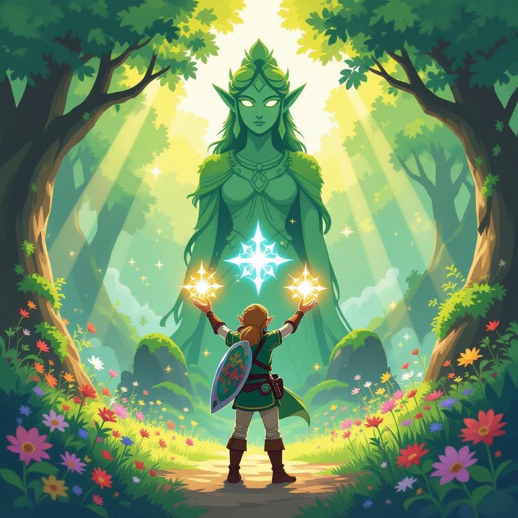 Heroic Link Before Goddess Statue in Vibrant Forest