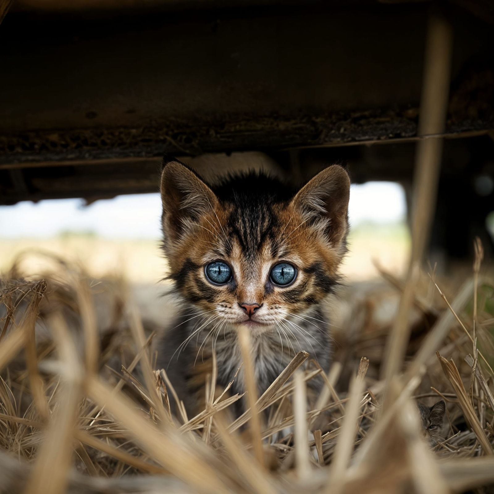 Kitten Peeks Out from Junk Car in Farm Field