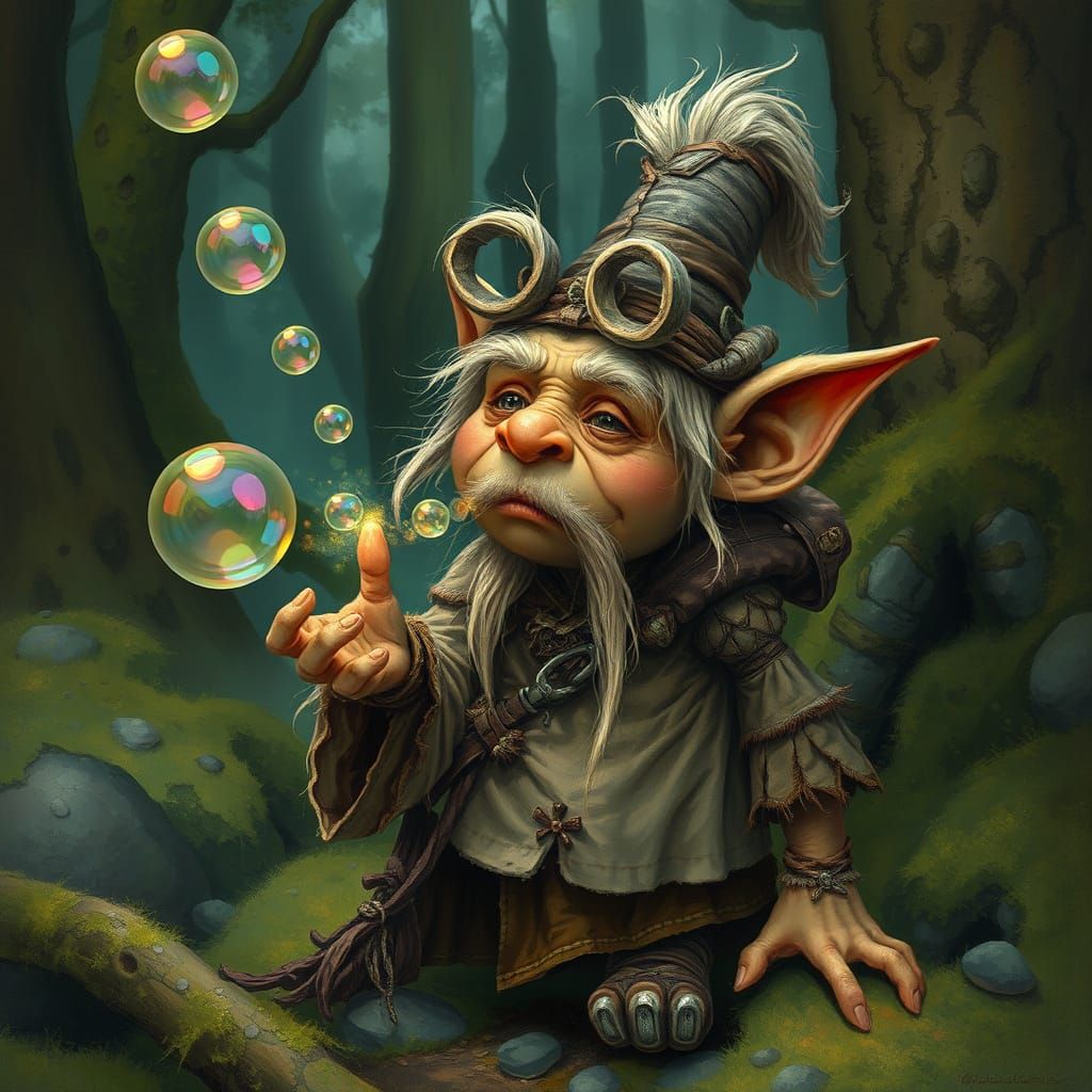 Whimsical Troll Blowing Bubbles in Mossy Forest