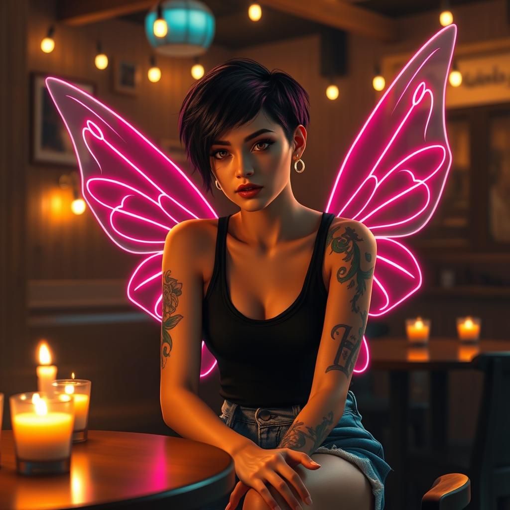 Neon Fairy in Coffee Shop, Photorealistic Art