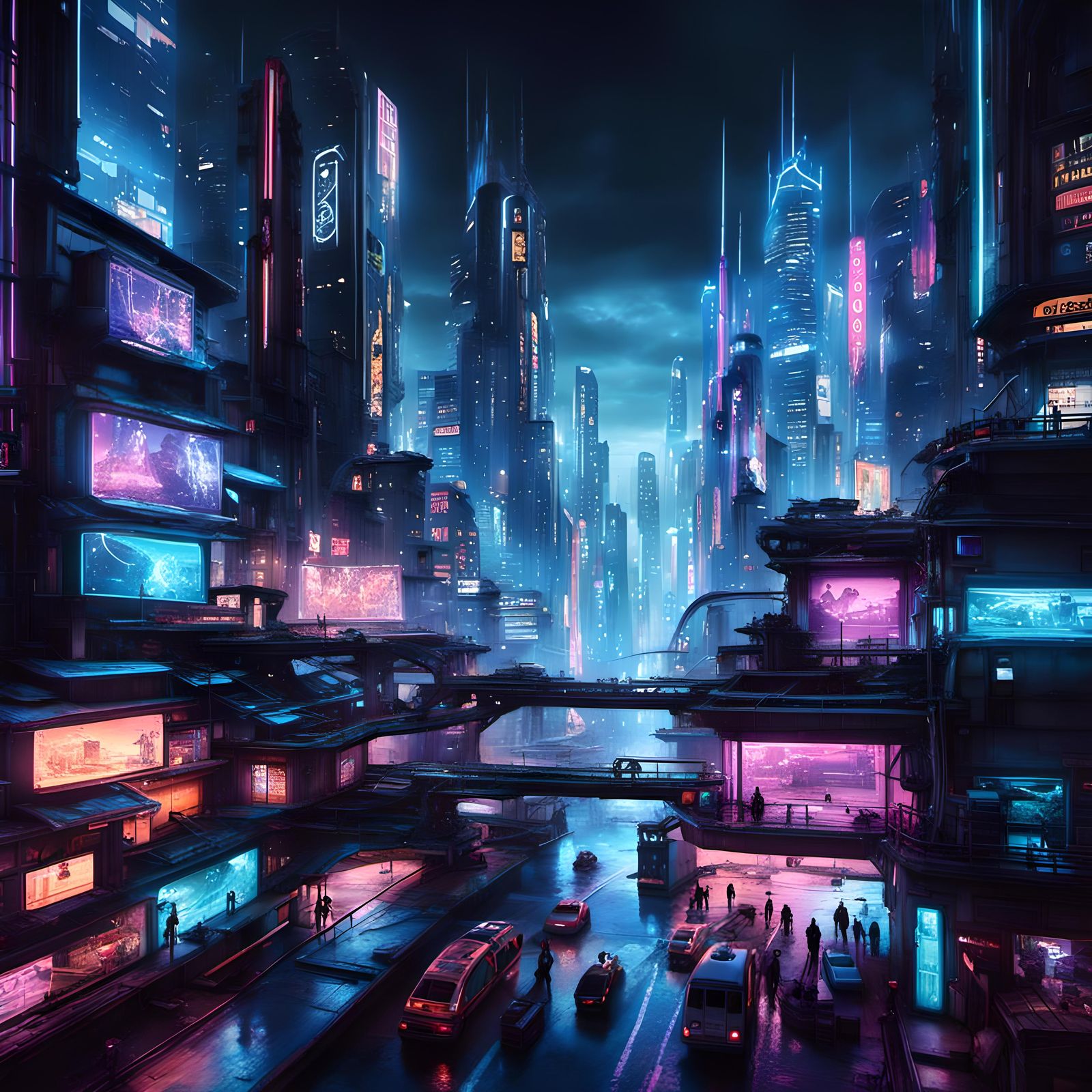 Cyberpunk Cityscape with Androids and Neon Lights