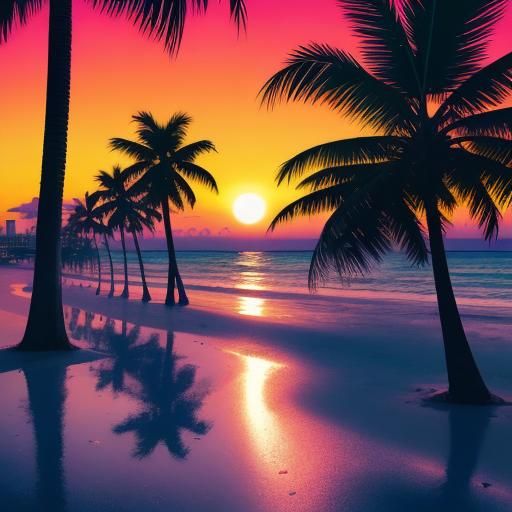 Miami Beach Sunset in Neon Style Digital Art