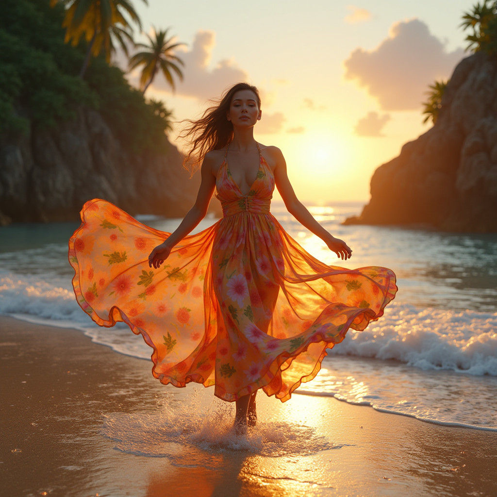 Woman Dancing on Beach in Atmospheric Matte Painting Style