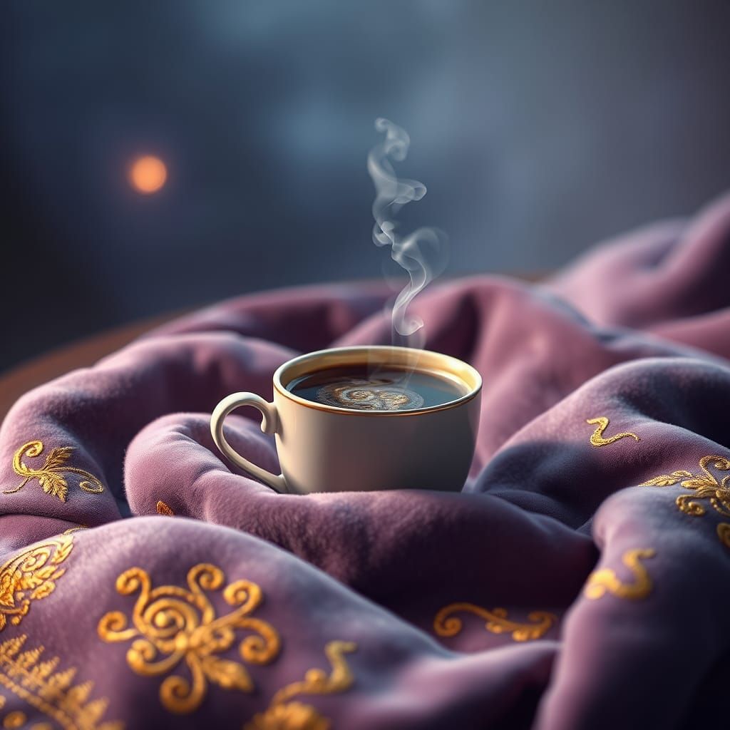 Steaming Coffee on Velvet Blanket: Fantasy Concept Art