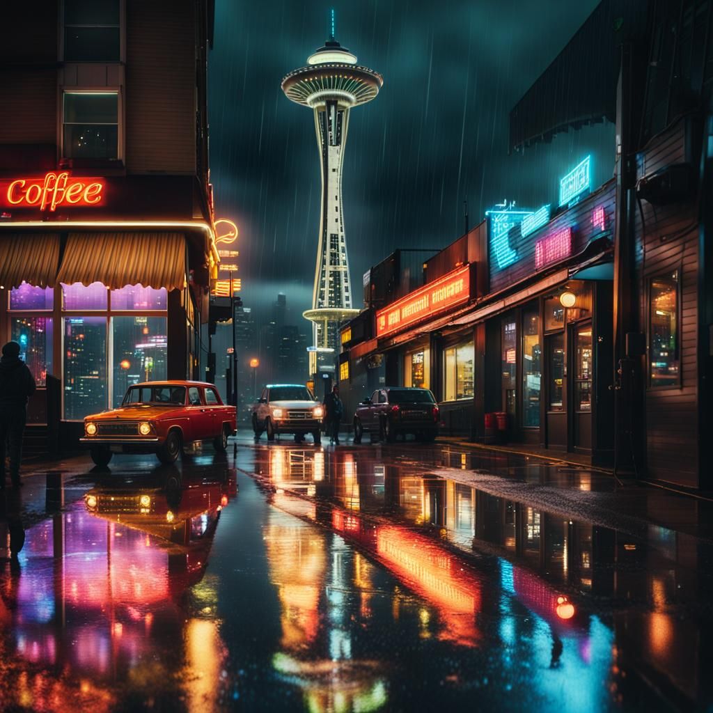 Rainy Seattle Evening: Cinematic Cityscape with Space Needle