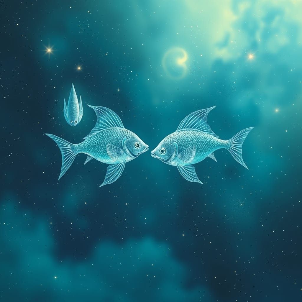 Dreamy Aquamarine Ocean with Two Ethereal Fish in Celestial ...