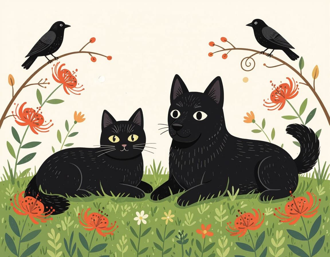 Black Cat and Formosa Dog Sunbathing with Crows