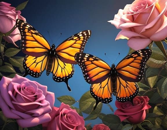 Monarch Butterflies on Rose, Surreal Oil Painting