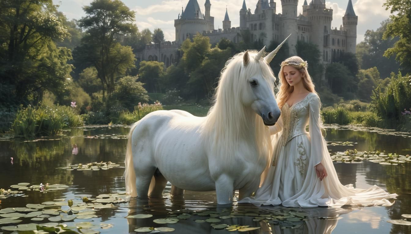 Fairy and Unicorn by Lake, Fantasy Art