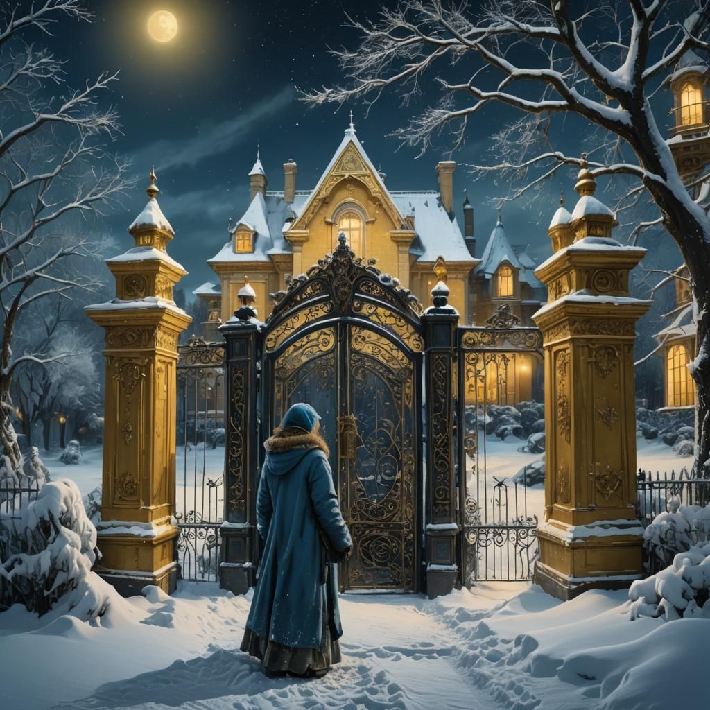 Winter Nightscape: Homeless Woman and Grand Mansion