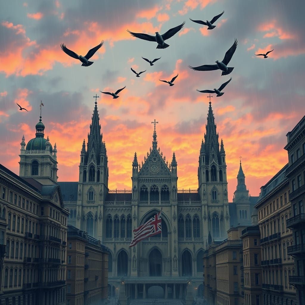 Majestic Cathedral Amidst Bustling City and Twilight Skies